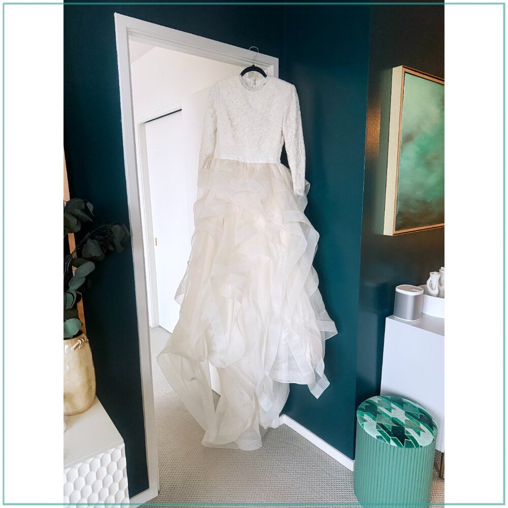 $10,900 Reem Acra Lace, Chiffon Organza Tiered Long Sleeve Runway Bridal Gown